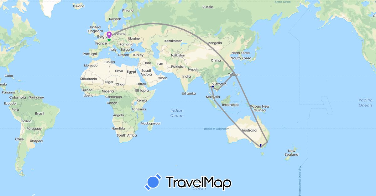 TravelMap itinerary: driving, bus, plane, train in Australia, Germany, Singapore, Thailand, Taiwan, Vietnam (Asia, Europe, Oceania)